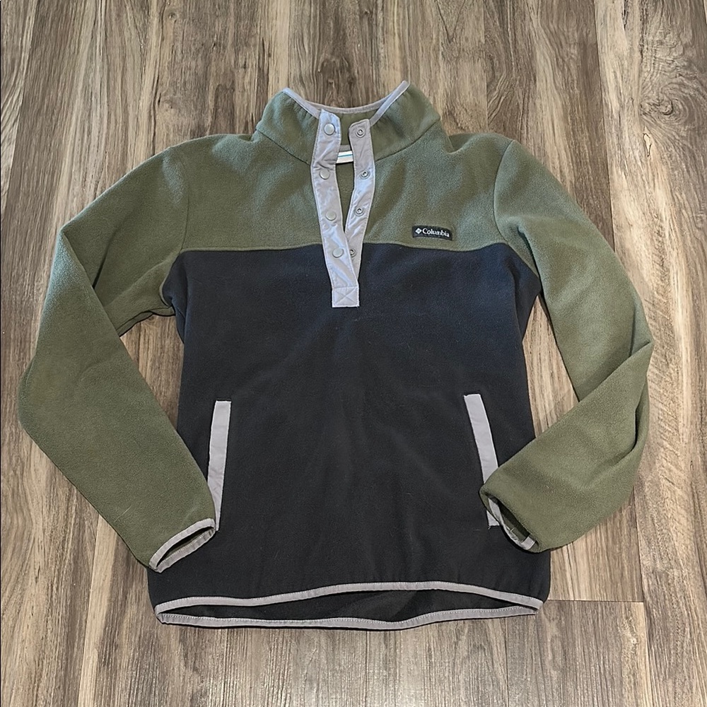 🧥 Columbia Fleece Snap Pullover - Olive & Charcoal Colorblock